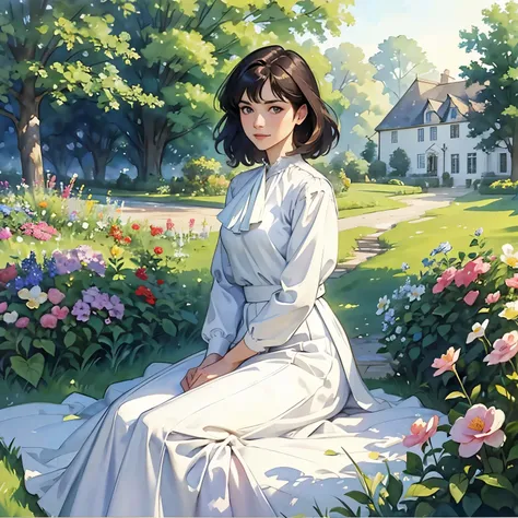 (Sargent style watercolor)、(highest quality、masterpiece)、soft light、view of the cotswolds,old farmhouse、stream、flower garden、one woman、White blouse and long skirt、picnic、