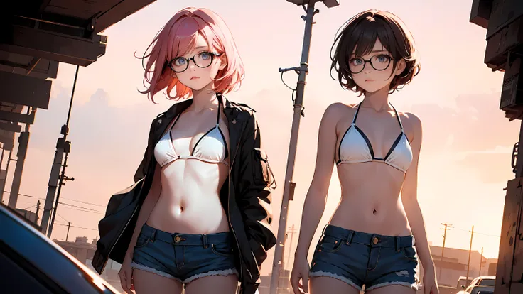 ((1girl)), one beautiful girl, detailed beautiful hair, detailed beautiful eyes, short pink hair, glasses, white bikini top, jean shorts, standing, cowboy shot, cinematic lighting, dramatic lighting,