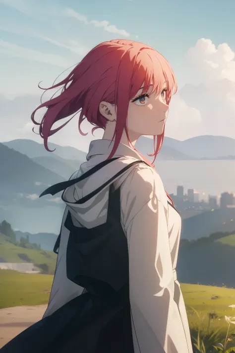 ((((Obra maestra, La mejor calidad, ultrahigh resolution)))), 1girl, looking at viewer, standing, upper body, red hair, beautiful face, outside, wind blowing
