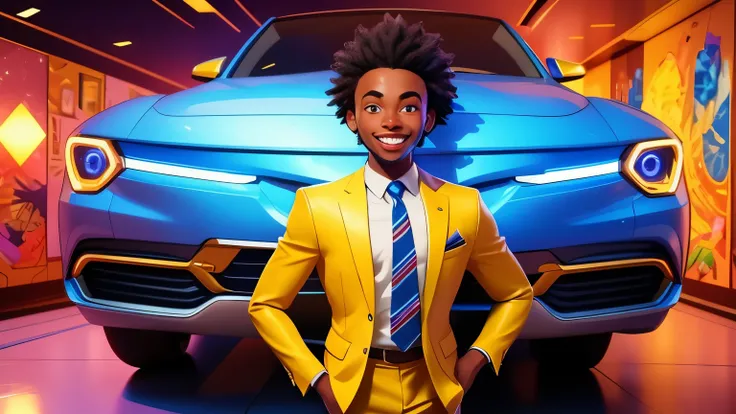 A Young African man well dressed with a tie, standing next to a luxurious SUV, feeling positive and rich, 3D Cartoon Vision, vibrant colors, comic style, portrait, detailed facial features, joyous atmosphere, bright lighting, exaggerated features.[Detailed...