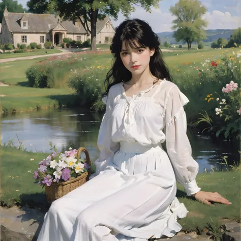 (Sargent style watercolor)、(highest quality、masterpiece)、soft light、view of the cotswolds,old farmhouse、stream、flower garden、one woman、White blouse and long skirt、picnic、