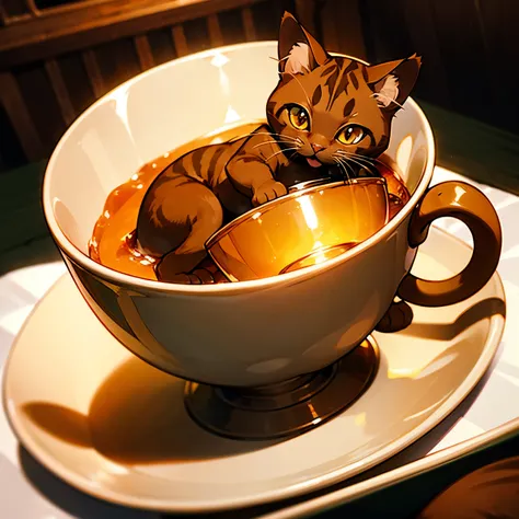 ((A brown cat in a cup)), small cat, fluffy, cute, shiny amber eyes,(white cup)