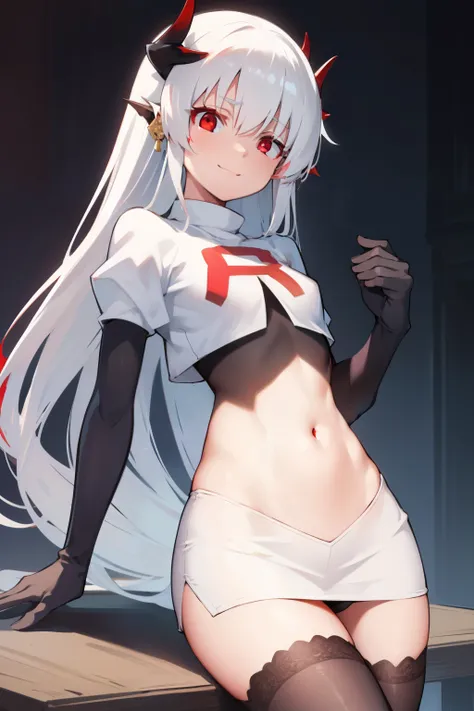 kiyohime, kiyohime, white hair, dragon girl, dragon horns, horns, long hair, (red eyes:1.5), smile, (small breast:1.2),
BREAK team rocket,team rocket uniform, red letter R, white skirt,white crop top,black thigh-highs ,black elbow gloves
BREAK looking at v...