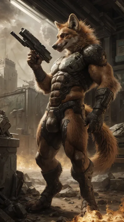 High detail, film, cinematic, realistic, masterpiece, male with(gun), (DOOM3), maned wolf, anthro, furry, maned wolf ears, detailed fur, solo, hell, mars, absurdres, best quality, HDR, high quality, high-definition, extremely detailed, 8k wallpaper, intric...