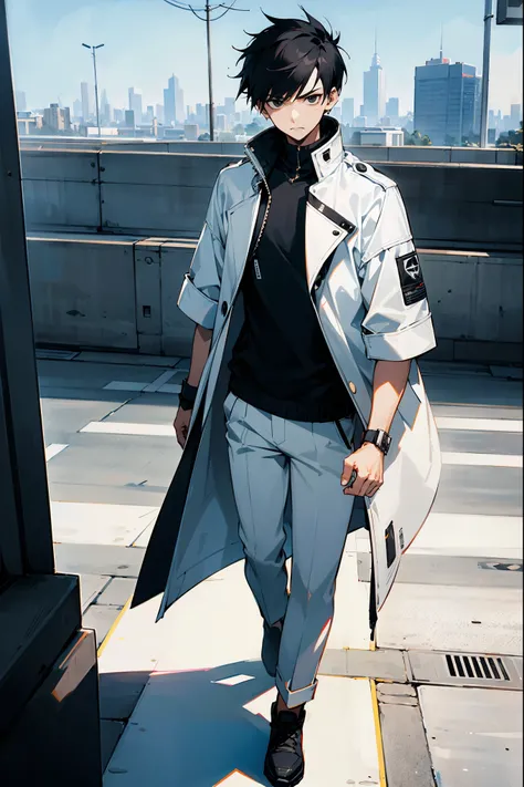 1male, black hair, black eyes, short spikey hair, white jacket, modern clothing, city background, walking on path, annoyed expression