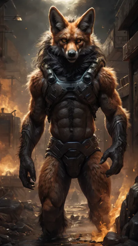 High detail, film, cinematic, realistic, masterpiece, male with(gun), (DOOM3), maned wolf, anthro, furry, maned wolf ears, detailed fur, solo, hell, mars, absurdres, best quality, HDR, high quality, high-definition, extremely detailed, 8k wallpaper, intric...