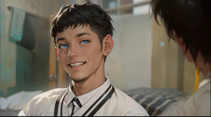 hay un chico de cabello plateado ojos plateados esta sentado sonrriendo al escuchar algo que no cree su ropa es de color azul