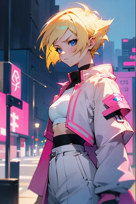 1female, blonde hair, blue eyes, short spikey hair, pink crop top, white undershirt, jacket, modern clothing, city background, walking on path, annoyed expression