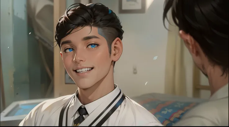 hay un chico de cabello plateado ojos plateados esta sentado sonrriendo al escuchar algo que no cree su ropa es de color azul