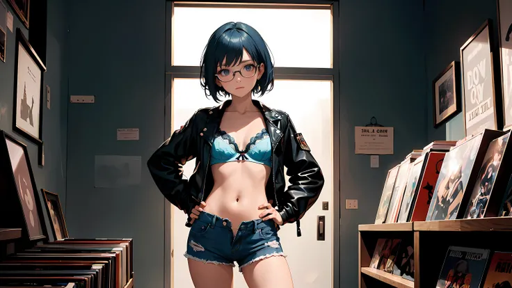 ((1girl)), one beautiful girl, detailed beautiful hair, detailed beautiful eyes, short blue hair, small breasts, glasses, loose unzipped leather jacket, white bra, jean shorts, record store, records, vinyl, open door, open window, evening, nighttime, stand...