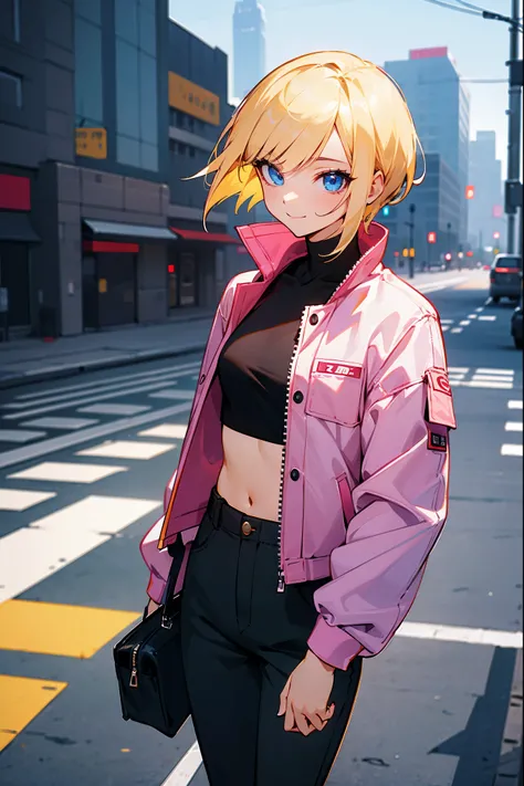 1female, blonde hair, blue eyes, short spikey hair, pink crop top, white undershirt, jacket, modern clothing, city background, walking on path, happy expression