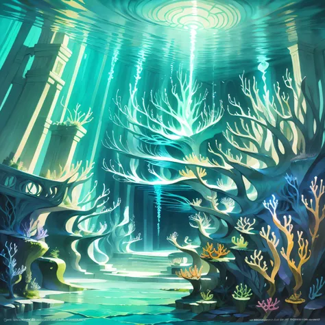 cartoon background art scene of underwater city, sea creatures with unique architecture and bioluminescence. mix of art nouveau ...