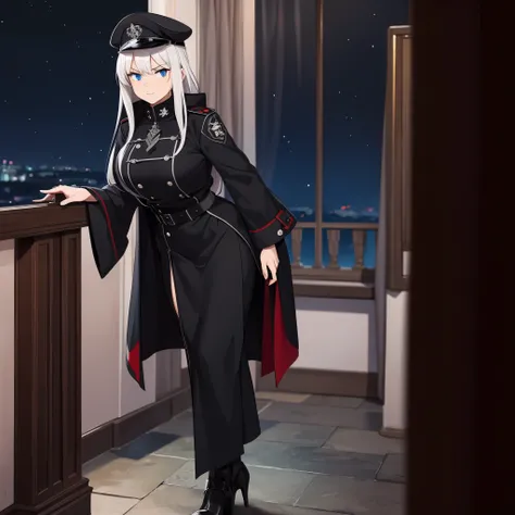 A woman, with silver hair with two red strands, hair covering her left eye, light blue eyes, wearing a long black gothic coat, with iron cross symbols on the silver coat, black officers hat with dress detail, with iron cross in the hat, heels with iron cro...