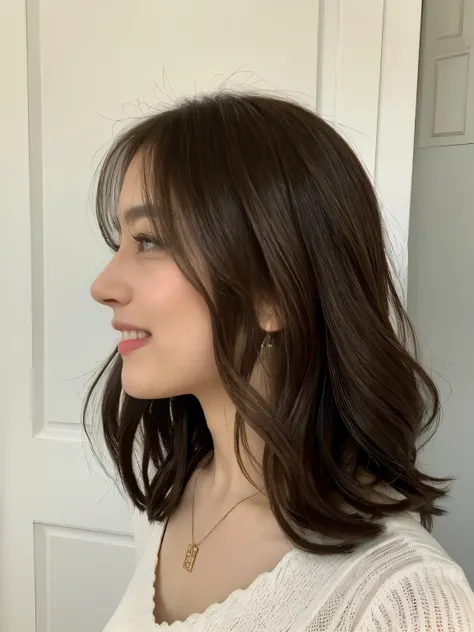 (8k、Raw photo、highest quality、masterpiece:1.2)、((Taken in front of the white door))、High-definition RAW color photo、タッセルbob、((brown hair))、bob、professional photos、(realistic、フォトrealistic:1.37)、Photographed in natural light、black hair、straight hair、bob、1 gi...