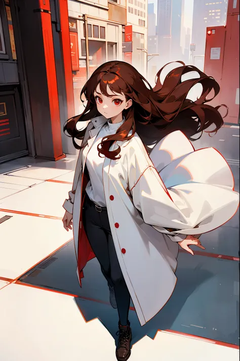 1female, brown hair, red eyes, long wavy hair, white undershirt, red oversized coat , modern clothing, city background, walking on path, uninterested expression