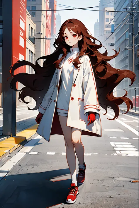 1female, brown hair, red eyes, long wavy hair, white undershirt, red oversized coat , modern clothing, city background, walking on path, uninterested expression