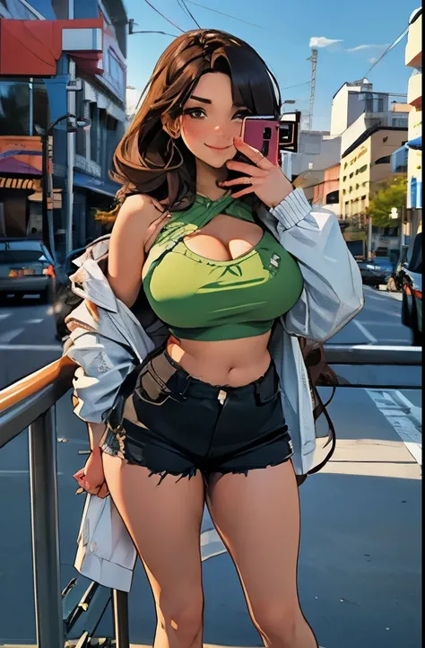 anime, 28 year old woman, taking a selfie, mischievous smile, long hair, dark hair color, stylish hairstyle, side hair long lush hair, long curls of hair pulled to the sides, Braids within the hair, curvy body, proportional body, sexy girl, beautiful matur...