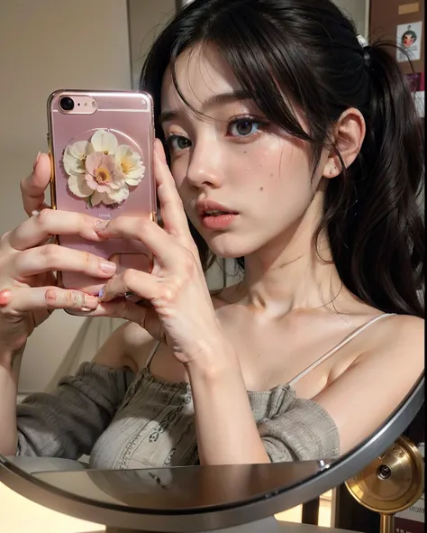 araffe woman taking a selfie in a mirror with a cell phone, ulzzang, beautiful south korean woman, korean girl, beautiful young korean woman, heonhwa choe, jinyoung shin, gorgeous young korean woman, sakimichan, dilraba dilmurat, iphone selfie, bae suzy, j...