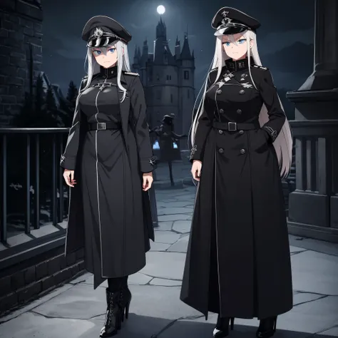 A woman, with silver hair with a reddish tone, hair covering her left eye, light blue eyes, wearing a long black gothic coat with a little reddish tone, with iron cross symbols on the silver coat, black officers hat with dress detail, with iron cross on ha...