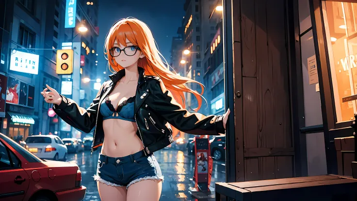 ((1girl)), one beautiful girl, detailed beautiful hair, detailed beautiful eyes, long orange hair, small breasts, glasses, loose unzipped leather jacket, blue bra, jean shorts, record store, records, vinyl, open door, open window, evening, nighttime, night...