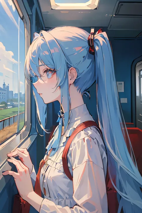 (masterpiece, side light, Super detailed, detailed and beautiful eyes: 1.2), 1 girl, bag, building, From the side,, long hair, light blue hair, profile, redhead, alone, train, train interior, Upper body, masterpiece, highest quality、twin tails