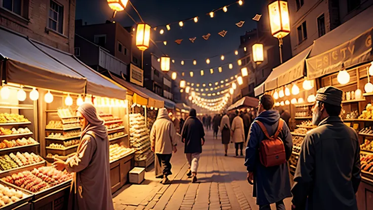 ramadan outdoor scene，no people in close range，lively street market，there are ramadan lanterns in the scene