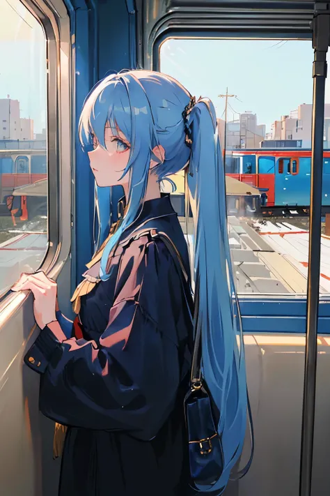 (masterpiece, side light, Super detailed, detailed and beautiful eyes: 1.2), 1 girl, bag, building, From the side,, long hair, light blue hair, profile, redhead, alone, train, train interior, Upper body, masterpiece, highest quality、twin tails