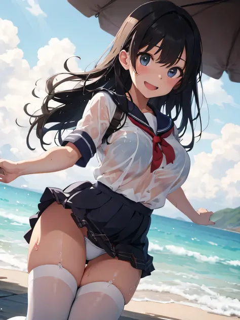 highest quality、High resolution、detailed background、Super detailed、beautiful and detailed face、beautiful and smooth skin、skin texture、professional lighting、Beautiful teenage girl、(huge breasts:1.1)、cute髪型、sexy sailor suit、Wet白い薄いセーラー服、Wet白い薄いタータンチェック柄のプリーツ...