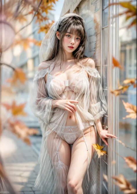 masterpiece、highest quality、cinema、(Details of both eyes)、(cute japanese woman、bangs:1.3)、23 years old、1 girl、elegant、black hair、cyber punk、van gogh style、(auraroid photo:1.4)、(lingerie、outdoors、Fallen leaves:1.4)、autumn