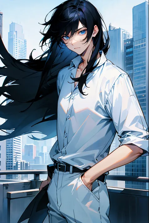 1male, black hair, blue eyes, medium length hair, white shirt, modern clothing, (((city background))), regular expression, lean