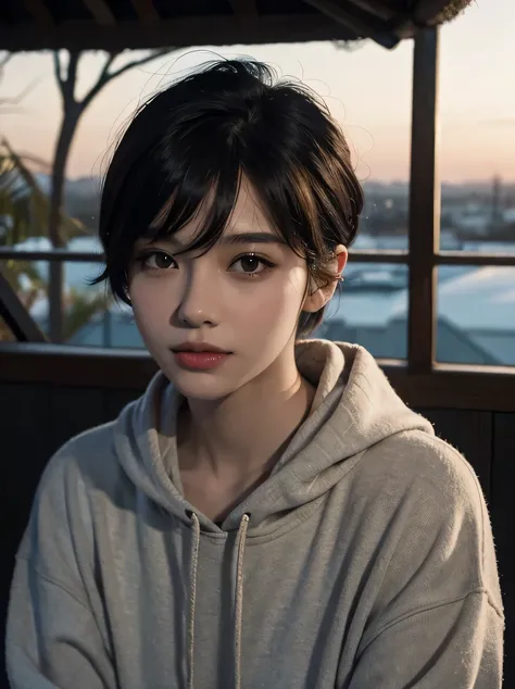 ((masterpiece、highest quality、Super detailed、High resolution、realistic、sharp focus、cinematic lighting))、(1 girl)、bust shot、(black hair、boyish short hair、high top fade、all back)、beautiful face、beautiful hairstyle、symmetrical eyes、beautiful eyes、beautiful sk...