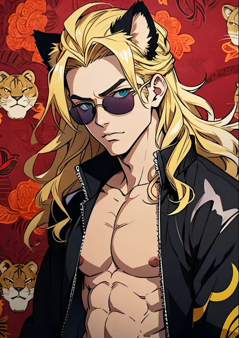 ((hirohiko araki style)), one male, lion ears, long hair, blond, blond hair, green eyes, tall, muscular, black bomber jacket, be...