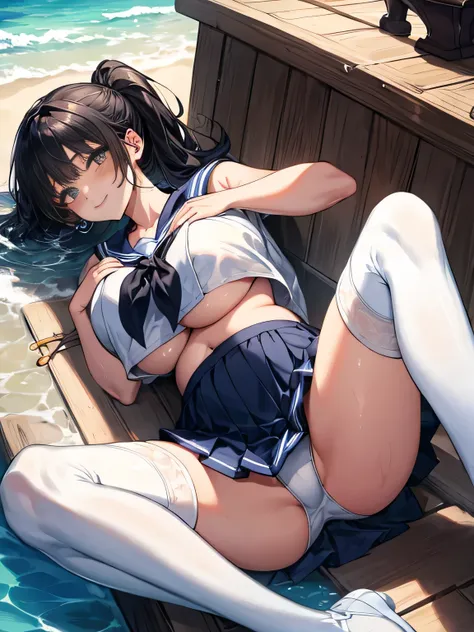 highest quality、High resolution、detailed background、Super detailed、beautiful and detailed face、beautiful and smooth skin、skin texture、professional lighting、Beautiful teenage girl、(huge breasts:1.1)、ponytail、thin sexy sailor suit、Wet白い薄いセーラー服、Wet白い薄いプリーツのミニ...