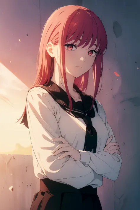 ((((Obra maestra, La mejor calidad, ultrahigh resolution)))), 1girl, looking at viewer, standing, upper body, red hair, beautiful face, outside, wind blowing, detailed face, eyeliner, detailed red gradient eyes, shiny red eyes, black pupils, school uniform...