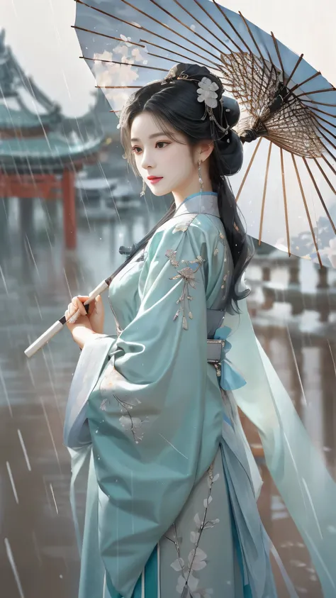 Yue Xiaofei style fashion event，Woman holding an oil-paper umbrella on her shoulders to protect herself from the rain, light jade, Ethereal dreams, Tang Youhong, elegant, detailed design, dansaekhwa paper umbrella Hanfu holding umbrella when it rains,(Comp...