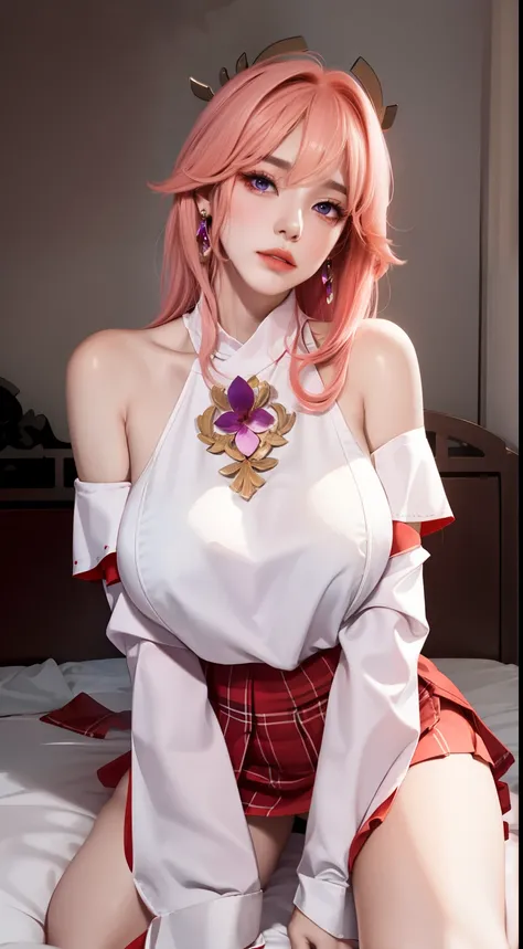 A realistic and detailed image of a girl wearing an off-shoulder blouse and a pleated miniskirt. She has long pink hair. purple eyes. she has earrings, long eyelashes. she has plump lips, big breasts, slim waist, Hips are very wide，Thighs are thick. breast...