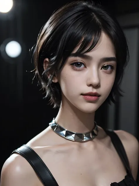 ((masterpiece、highest quality、Super detailed、High resolution、realistic、sharp focus、cinematic lighting))、(1 girl)、bust shot、(black hair、boyish short hair、high top fade、all back)、beautiful face、beautiful hairstyle、symmetrical eyes、beautiful eyes、beautiful sk...