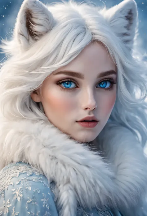 (best quality,high resolution),Arctic Fox Girl,Beautiful and delicate eyes,Beautiful and delicate lips,long eyelashes,dressed in fashionable clothes,fluffy fur,sparkling blue eyes,fashion makeup,icy blue and white palette,Flowing snowflakes,Glowing snowfla...