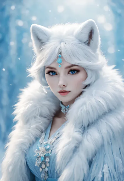 （best quality），Anthropomorphic arctic fox，dressed in fashionable clothes，fluffy fur，Ice blue and white palette，A few wisps of elegant snowflakes，Glowing snowflake accessories，bright colors，portrait style，fantasy theme，soft light，Meticulous attention to det...