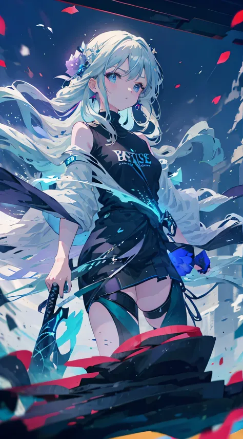 Blue aura, green aura, purple aura, ultra sharp, maximum quality, masterpiece, 8K, detailed eyes, 1girl, shiroko model, young girl, long hair, multicolor hair, grey hair, blue flower hair ornaments, T - shirt, stocking, deep blue eyes, pretty eyes, Katana,...