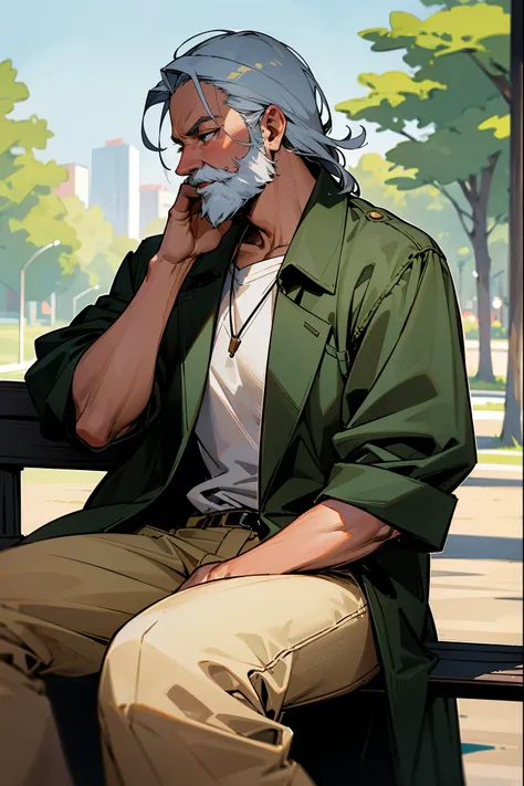 1male, silver hair, black eyes, old man, beard, brown old clothing, (((park background))), sitting on bench, looking away from camera