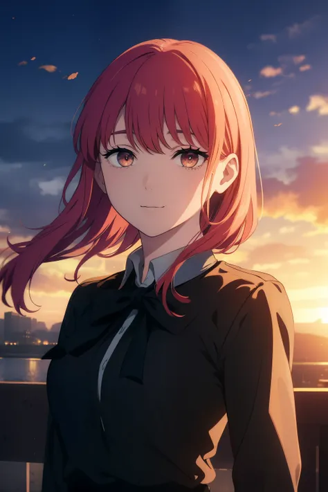 ((((Obra maestra, La mejor calidad, ultrahigh resolution)))), beautiful face, beautiful girl, 1girl, looking at viewer, standing, upper body, red hair, beautiful face, outside, wind blowing, detailed face, eyeliner, detailed red gradient eyes, shiny red ey...