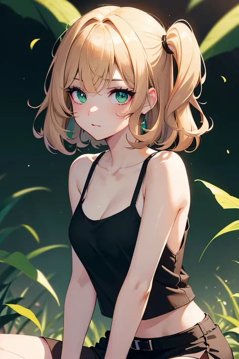 4K,1girl,Super beautiful illustration,(((light caramel beige,one side up,medium hair))):1.2,(Beautiful green eyes),((black color,short tank top)),((black color,short skirt)),pink lipstick,pink eyeshadow,grin