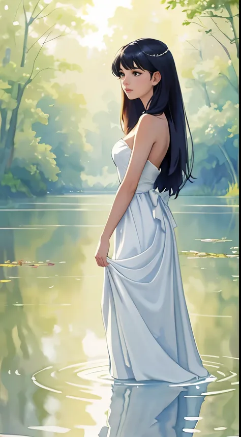 (Sargent style watercolor)、(highest quality、masterpiece)、 Long shot of a 21-year-old woman standing on the shore of a pond in the forest, shoulder length hair, White strapless satin gown ((Gently bow to the surface of the water)) Soft light on an out-of-fo...