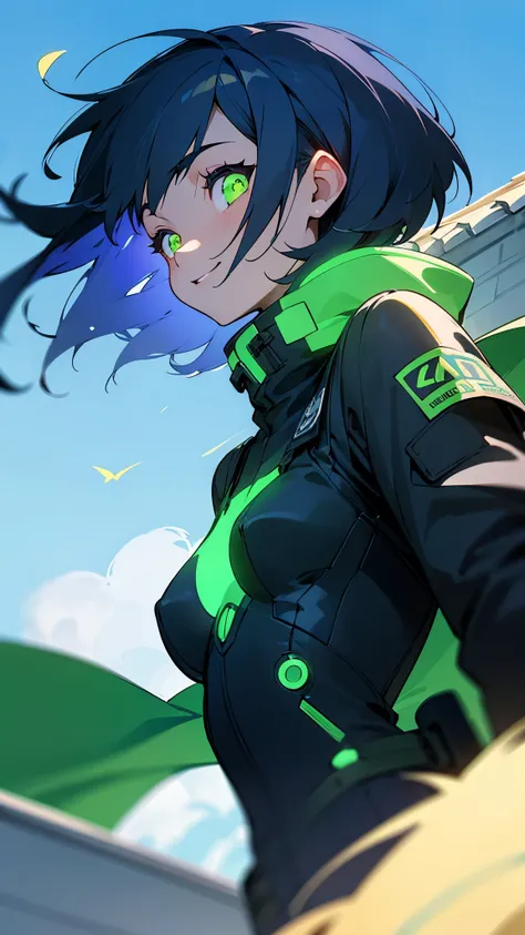 lively girl、small breasts、riders jacket、dark blue hair、bob hair、Glowing green eyes、From the side、gloves、bright smile、roof of the building、Blowin in the wind、blue sky、upper body close-up、sharp outline