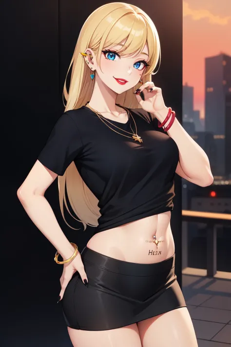 long blonde hair,, bangs, blue eyes, red lipstick, smile, sexy position, piercings, earrings, bracelets, necklace, medium breasts, black shirt, cold look, black_ skirt, background,, Red _nails, shirt with belly showing ,tsumare_eyes, background, city sunse...