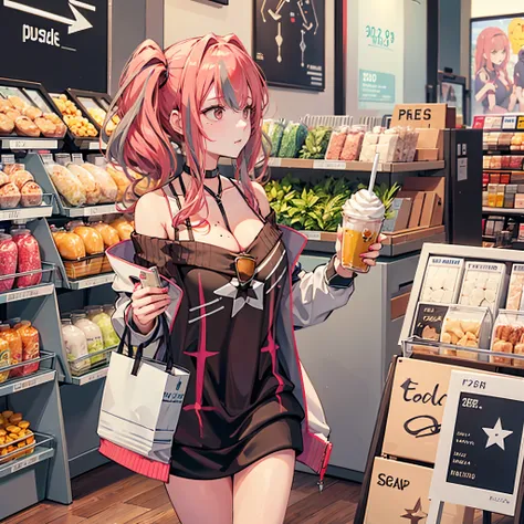 a woman in casual clothes, in a shopping mall having a milkshake.