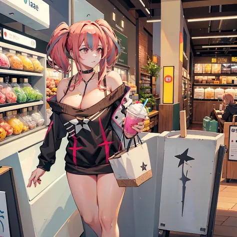 a woman in casual clothes, in a shopping mall having a milkshake.