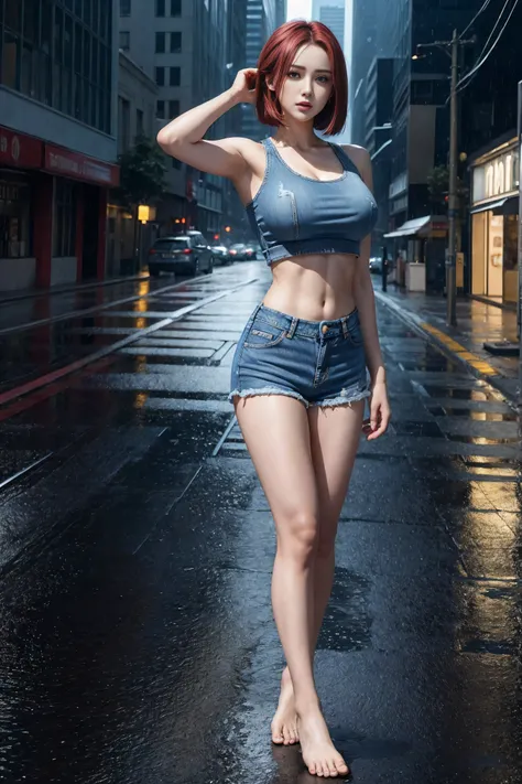 (((masterpiece))), ((blue mary)) role play, best quality, (beauty), 20 year old girl face, pretty face, red crop top, red top, (((super dwarf woman&#39;S denim shorts))), Physically based rendering, ultra high definition, Willow Yao, Slim, big eyes, Long m...