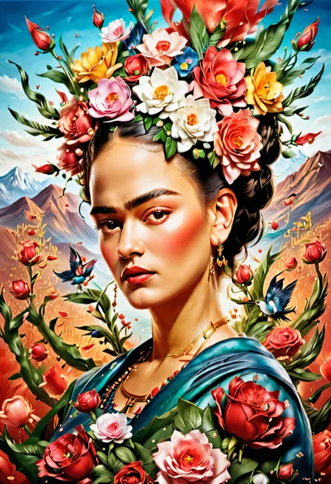 (Ultra calidad，Obra maestra epico：1.2，detallados）,(Frida Kahlo:1.5)，flores hermosas en la cabeza, decoracion al estilo frida Kahlo, magestuoso y detallado, iluminacion perfecta 32k